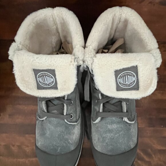 Palladium Women's Baggy High Top Lace Up Leather Distressed Grey Sherpa Size 10 - Picture 2 of 10